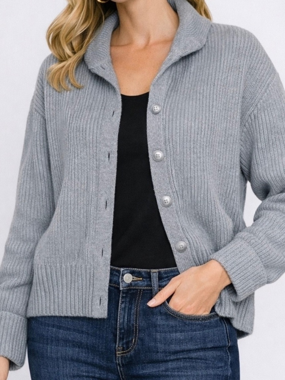 Abercrombie & Fitch Light Gray Ribbed Button-Front Cardigan